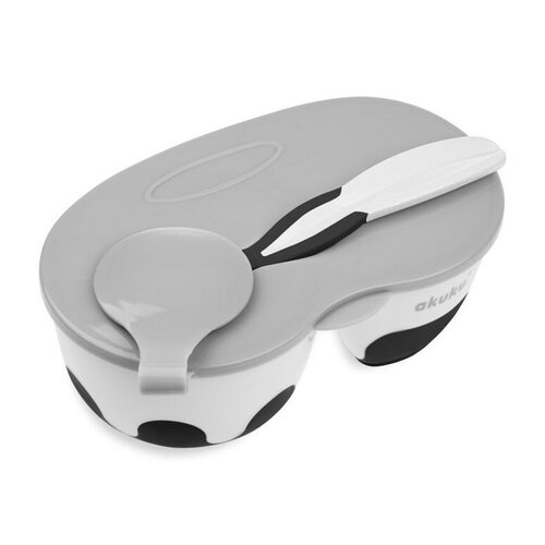 Akuku Otroška posoda z dvema predeloma in žličko,belo-črna