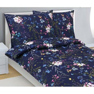 Bellatex Pościel bawełniana Kwiat jabłoni ciemnoniebieski, 140 x 200 cm, 70 x 90 cm