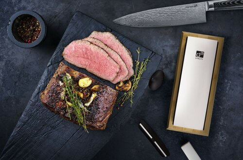 Set de cuțite G21 Damascus Premium în bloc de bambus, 4 bucăți + piatră de ascuțit