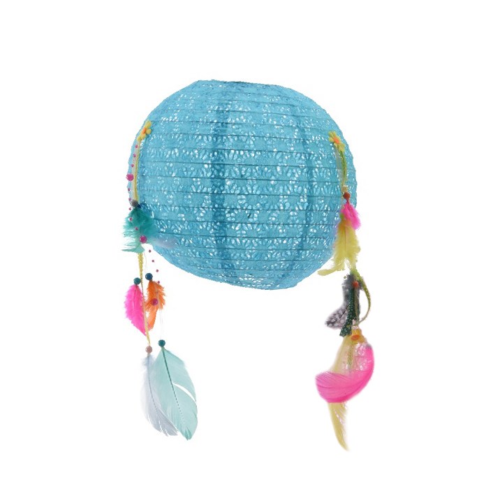 Papierový lampión s pierkami modrá, pr. 25 cm