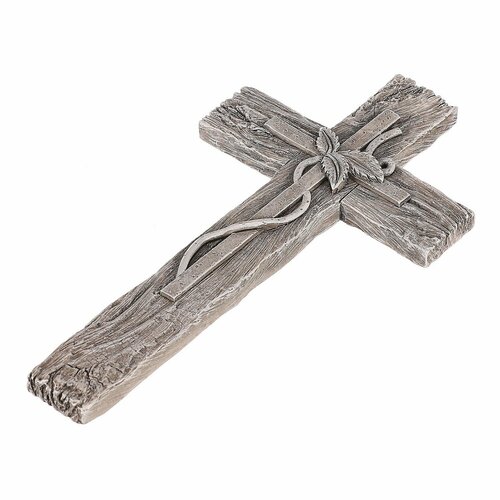 Decorație funerară Cruce cu frunze, imitație delemn, poliresină, 11 x 21 x 2 cm
