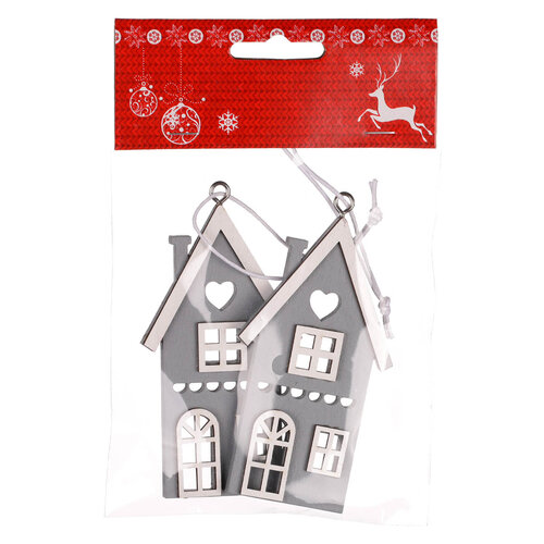 Závesný drevený domček, sivá, v. 9 cm, SET 4 KS