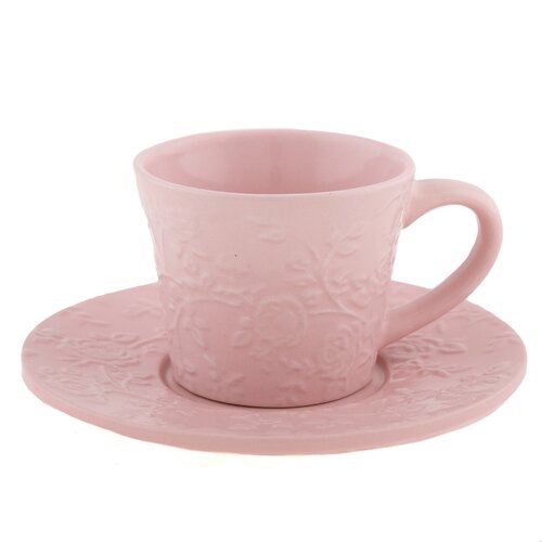 Ceașcă ceramică cu farfurioară, floare roz, 180 ml