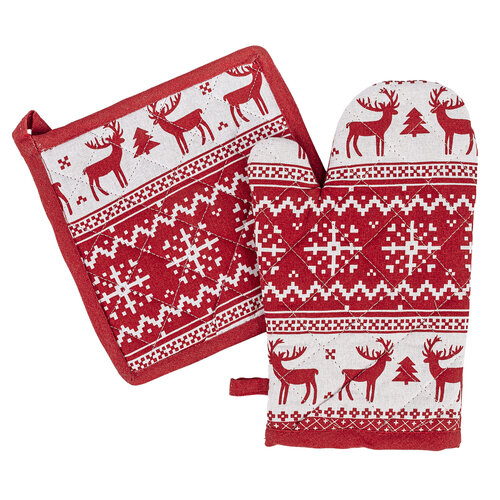 Rénszarvas karácsonyi edényfogó és alátét szett, piros