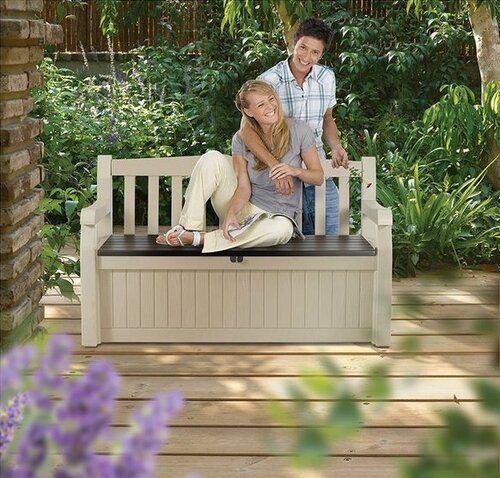 Keter Garten Aufbewahrungsbox mit Bank Eden Beige, 265 l, 140 x 60 x 84 cm
