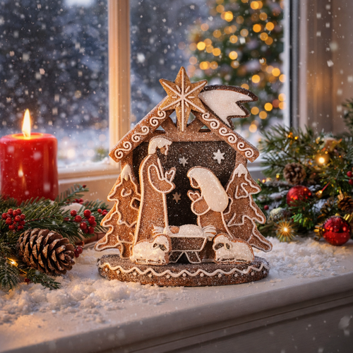 Dekoracja świąteczna Szopka piernikowa, poliresin, LED, brązowy