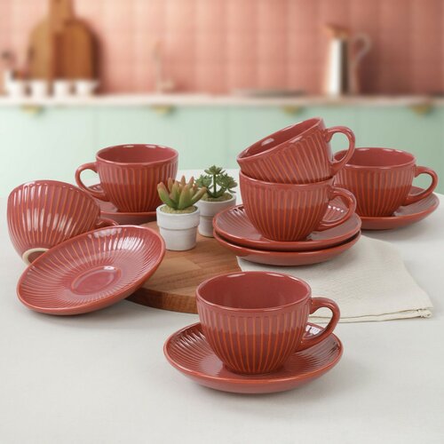 Набір із 6 керамічних чашок з блюдцями Linea 210 мл, помаранчевий