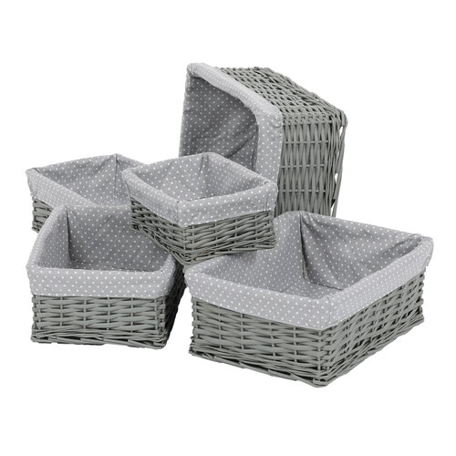 Weidenkörben-Set mit Stoff Grauer Punkt, 5 Stück, 5 Größen, 48 x 18 x 37 cm