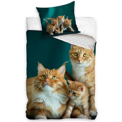 Бавовняна постільна білизна Котяча родина, 140 x200 см, 70 x 90 см