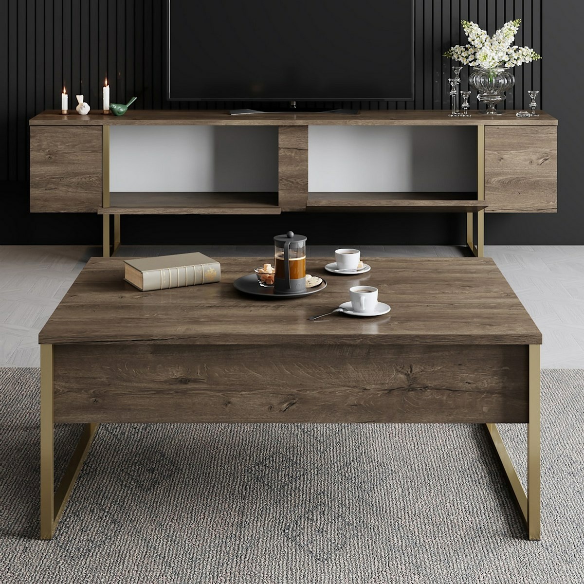 Televízny stolík Luxe Walnut and Gold
