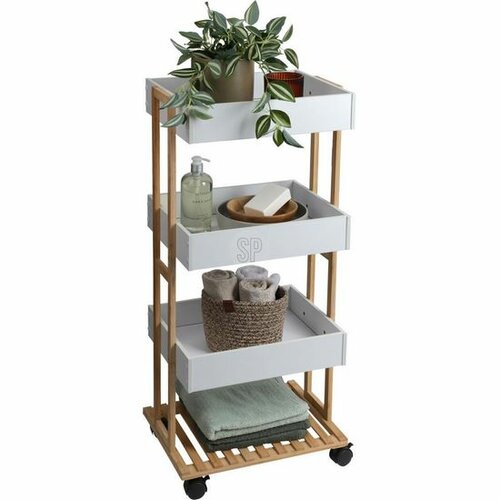 Shranjevalna polica na kolesih Bamboo, bela, 40 x87,5 x 30 cm