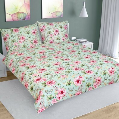 Lenjerie de pat din bumbac Câmp cu flori, verde deschis, 240 x 200 cm, 2 buc. 70 x 90 cm