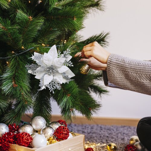 Karácsonyi dekoráció Poinsettiaszilvesztervirággal, ezüst, 6 darabos szett