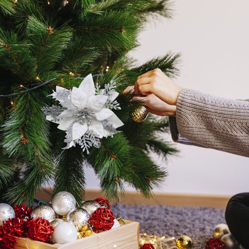 Vánoční dekorace Poinsettia se skřipcem stříbrná, sada 6 ks