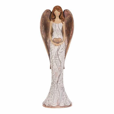 Polyresinový anjel s kvetinovými šatami Srdce, béžovo-medená