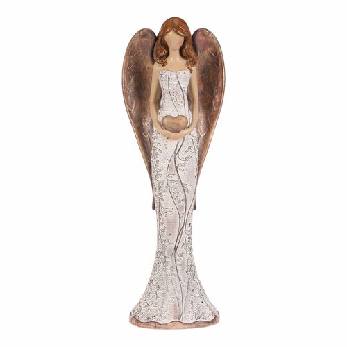 Anioł z poliresinu w sukni w kwiaty Serce, brązowo-miedziany