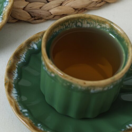 Set of 6 ceramic cups with saucers Elementa 185ml, green