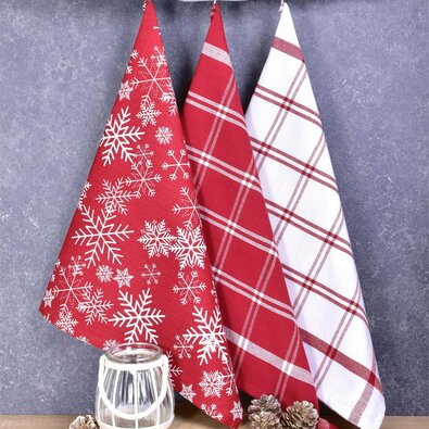 Weihnachtliches Küchentuch Schneeflocken Rot, 45 x 75 cm, 3er Set