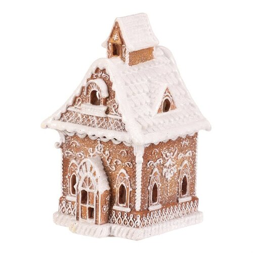 Vianočná dekorácia Perníkový domček so zasneženou strechou, polyresin, LED, hnedá