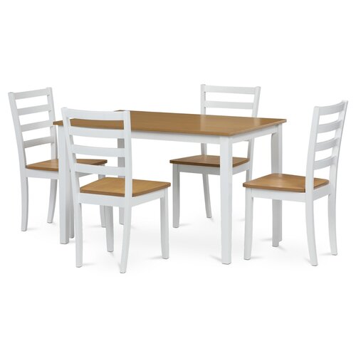 Set de masă din lemn masiv, 5 piese, stejar, alb
