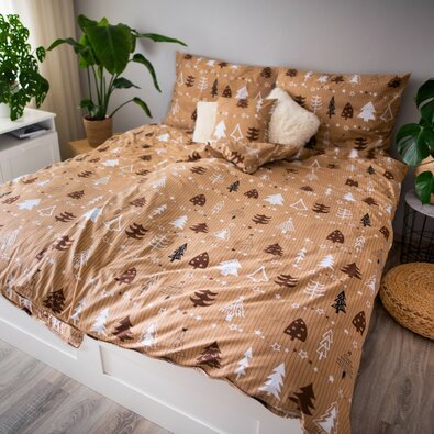 Lenjerie de pat din bumbac Dita Copaci, maro, 140 x 200 cm, 70 x 90 cm + 40 x 40 cm