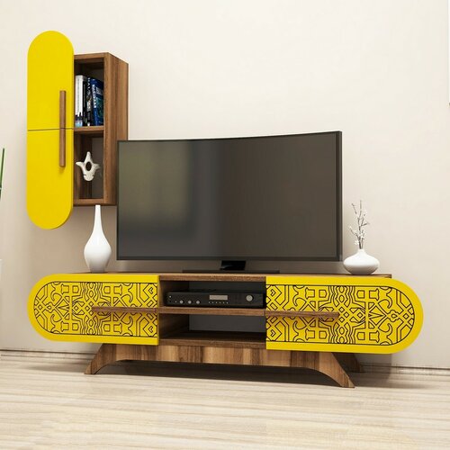 Defne Yellow and Walnut TV-asztal szekrénnyel