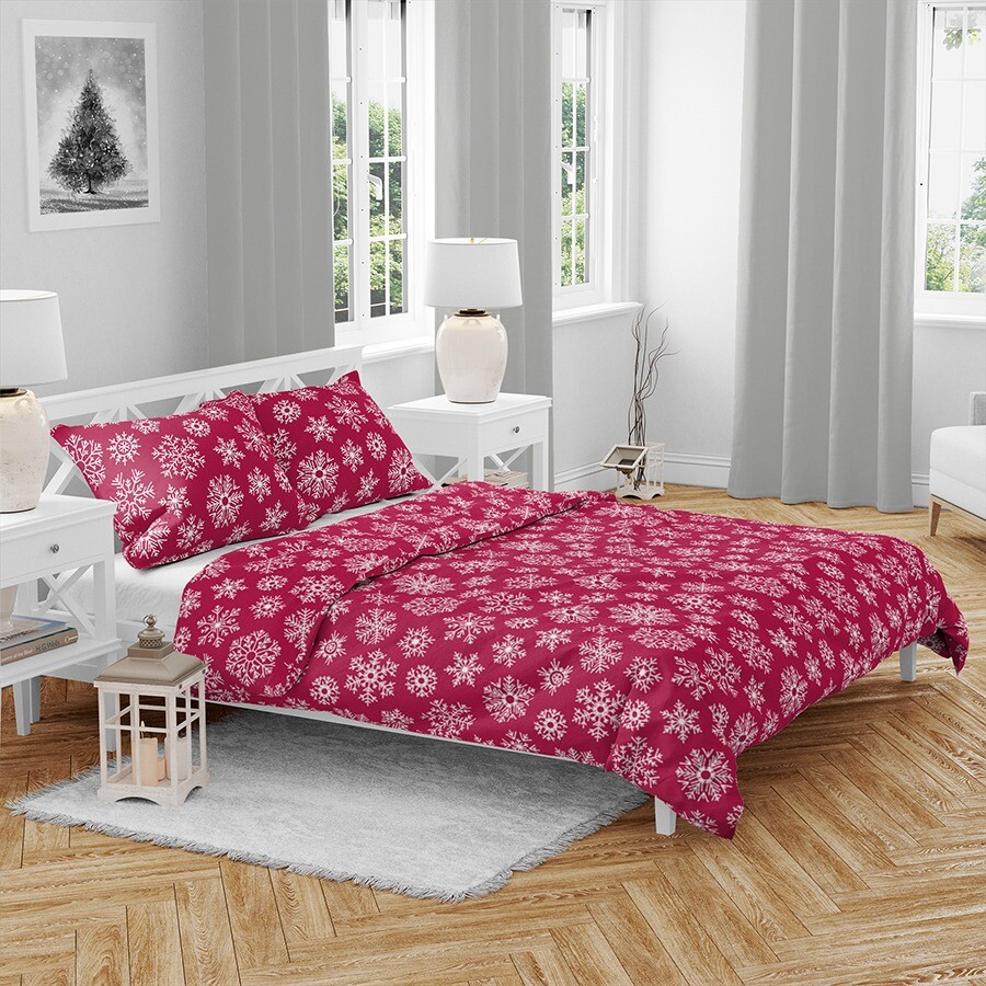 Vianočné bavlnené obliečky Vločky červené , 140 x 200 cm, 70 x 90 cm