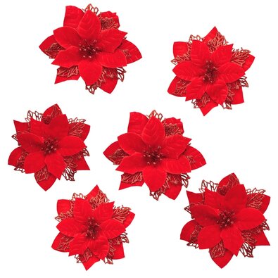 Різдвяна прикраса Poinsettia з затискачем червона, набір з 6 штук
