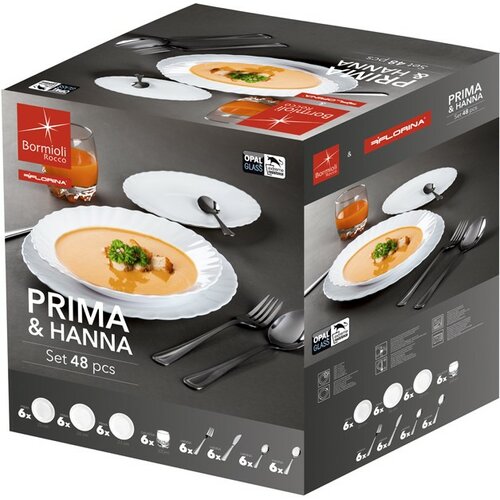 Bormioli Rocco 48-częściowy zestaw obiadowy z sztućcami Prima & Hanna