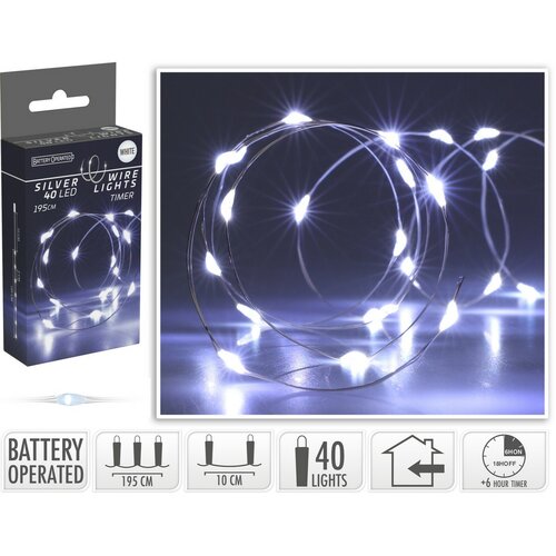 Silver fénydrót, 2 m, 40 LED, hideg fehér, időzítő, elemes