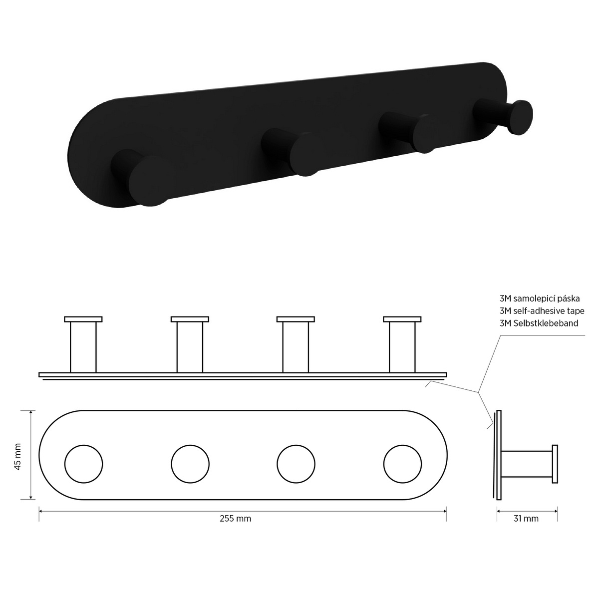 Sapho XR221B X-Round öntapadós négyes horog,fekete termék 2. képe