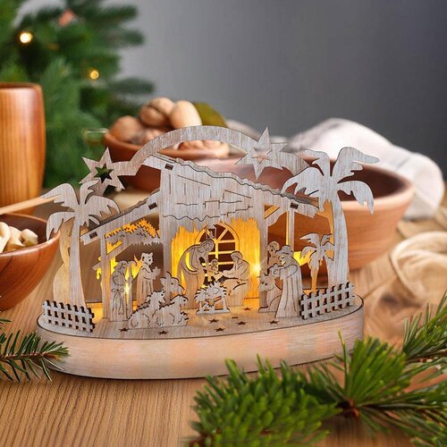 Solight – drewniana, podświetlana szopka bożonarodzeniowa, 5 diod LED, 25 cm, 2 baterie AA