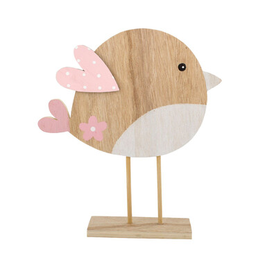Pasăre din lemn cu aripi roz 22 cm