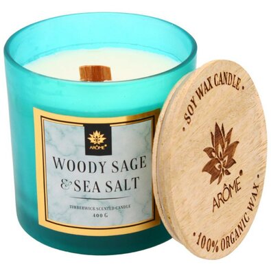 Arome Sojeva sveča Woody Sage and Salt 400 g zlesenim stenjem in pokrovom
