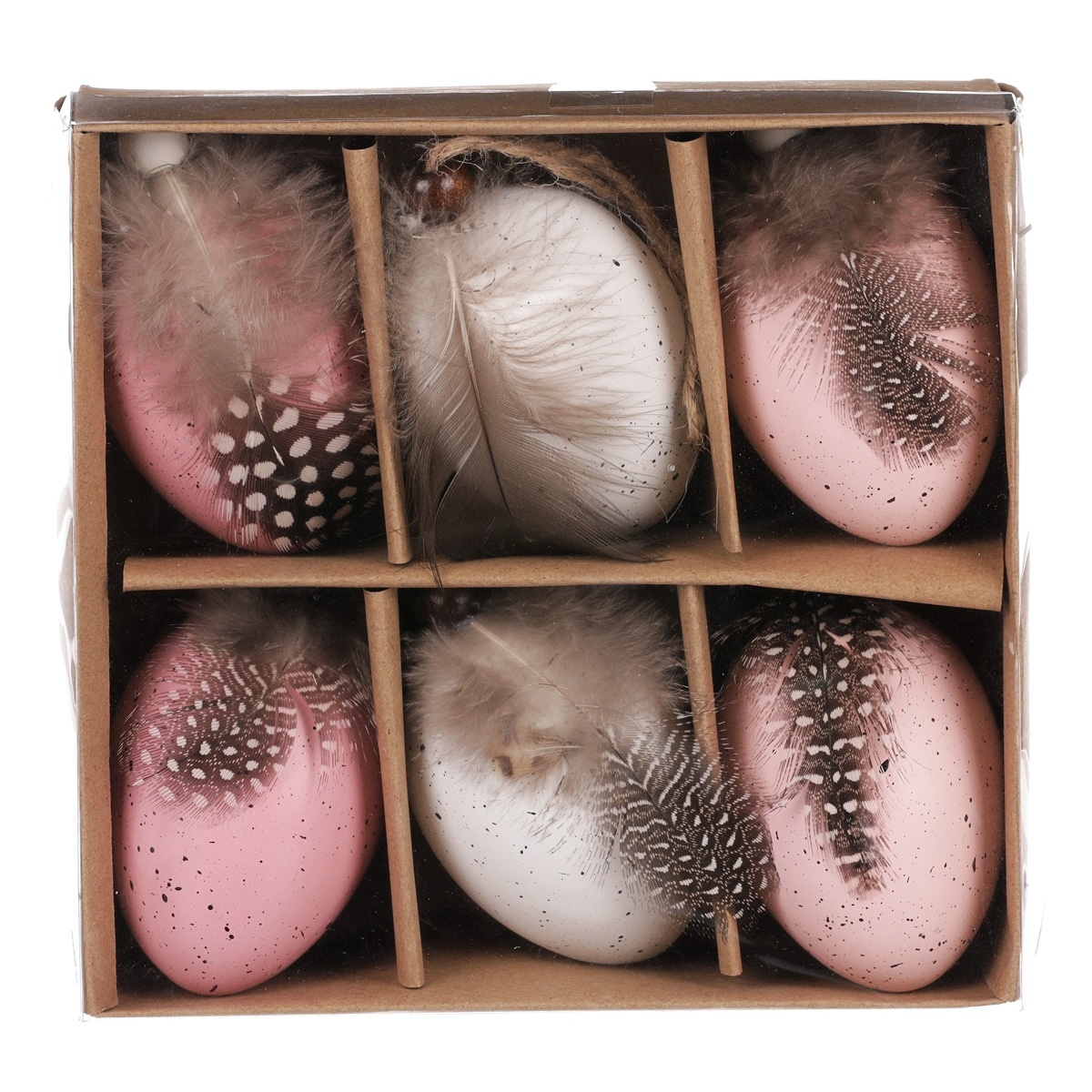Fotografie Sada umělých velikonočních vajíček s pírkem růžovo-bílá, 6 ks
