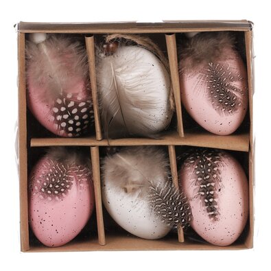 Set of artificial Easter eggs with feathers, pinkand white, 6 pcs