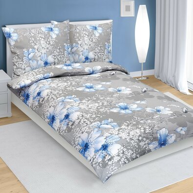 Bellatex Krep posteljnina Modri hibiskus siva, 140x 200 cm, 70 x 90 cm