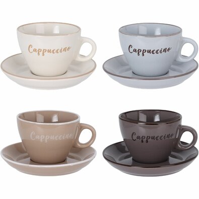 Sada 4 kameninových šálků s podšálky Cappuccino 220 ml, mix barev