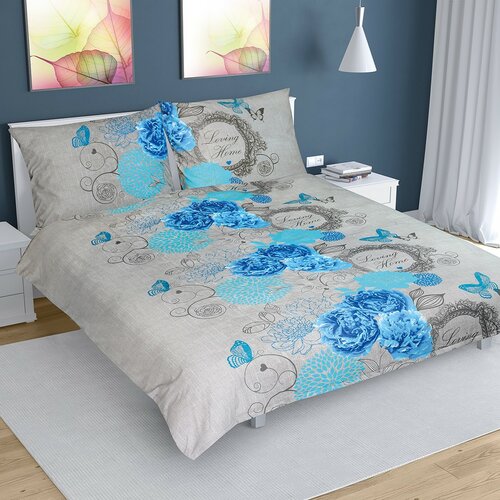 Lenjerie de pat din bumbac Trandafir, albastră, 200 x 200 cm, 2 buc. 70 x 90 cm