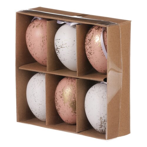 Set de ouă artificiale de Paște decorate cu auriu, roz și alb, 6 buc