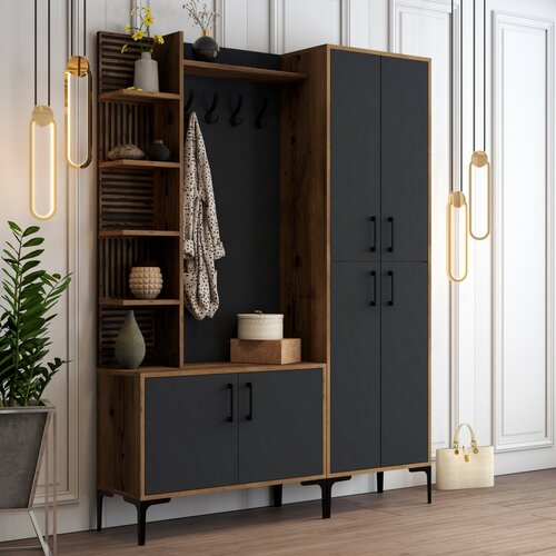 Cuier cu dulap pentru pantofi, rafturi și dulapViyana Walnut and Anthracite