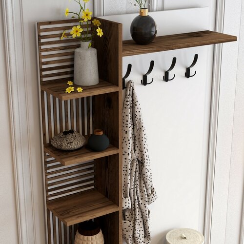 Cuier cu dulap pentru pantofi și rafturi ViyanaWalnut and White