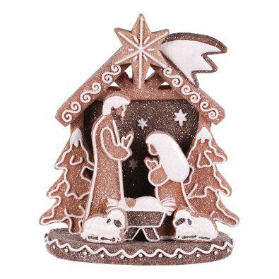 Vianočná dekorácia perníkový Betlehem, polyresin, LED, hnedá