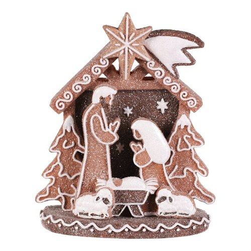 Vianočná dekorácia perníkový Betlehem, polyresin, LED, hnedá