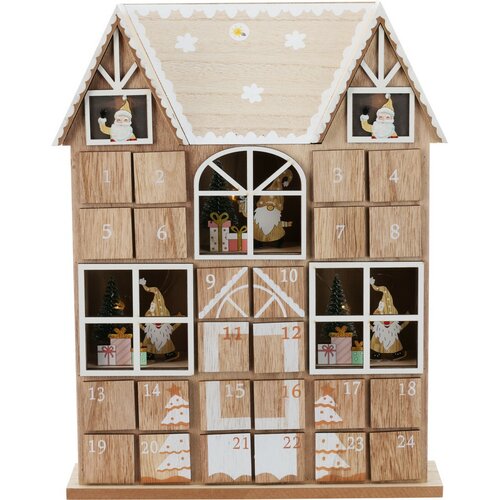 Adventní kalendář s LED světýlky Santa´s house hnědá, 29 x 7 x 37 cm