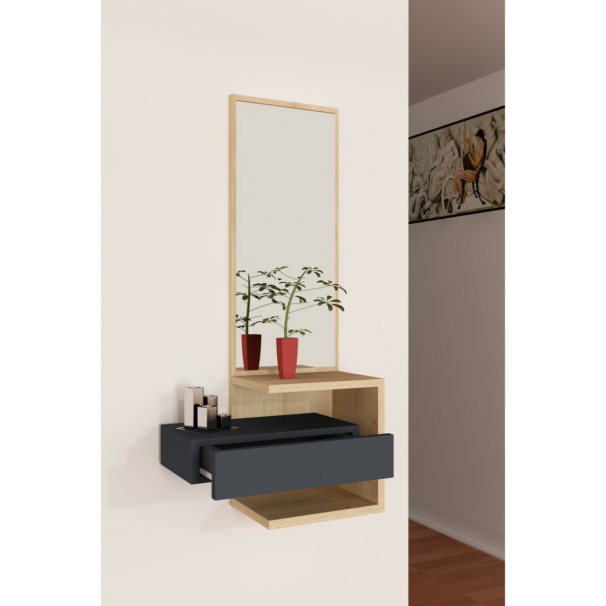 Nástenná polica so zrkadlom Stella Oak and Anthracite