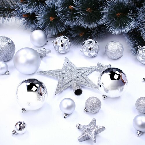 DecoKing Sada vánočních ozdob Star stříbrná, 100 ks
