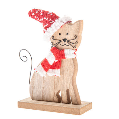 Lesena mačka s pletenim šalom in kapo, 14 cm