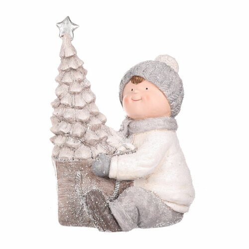 Božična dekoracija Deček pri drevesu z LEDosvetlitvijo, MgO keramika, 39 cm