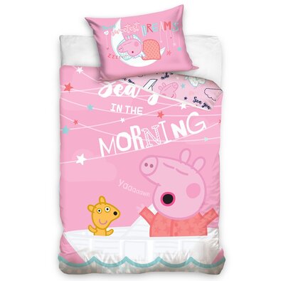 Lenjerie pat din bumbac, pentru copii, Purceluș Peppa Ne vedem dimineața, 100 x 135 cm, 40 x 60 cm